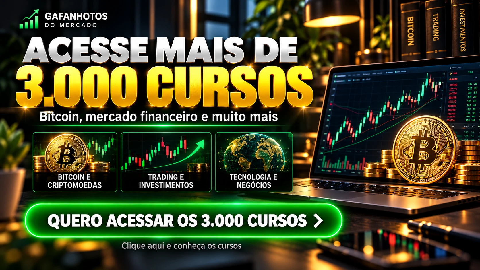 Acesse mais de 3.000 cursos: Bitcoin e criptomoedas, trading e investimentos, tecnologia e negócios. Gafanhotos do Mercado.